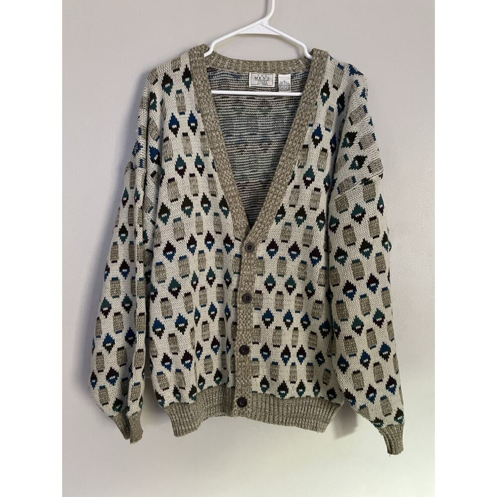 Vtg Sears The Men's Store Knit Cardigan Sweater Geometric Abstract Buttons Sz L